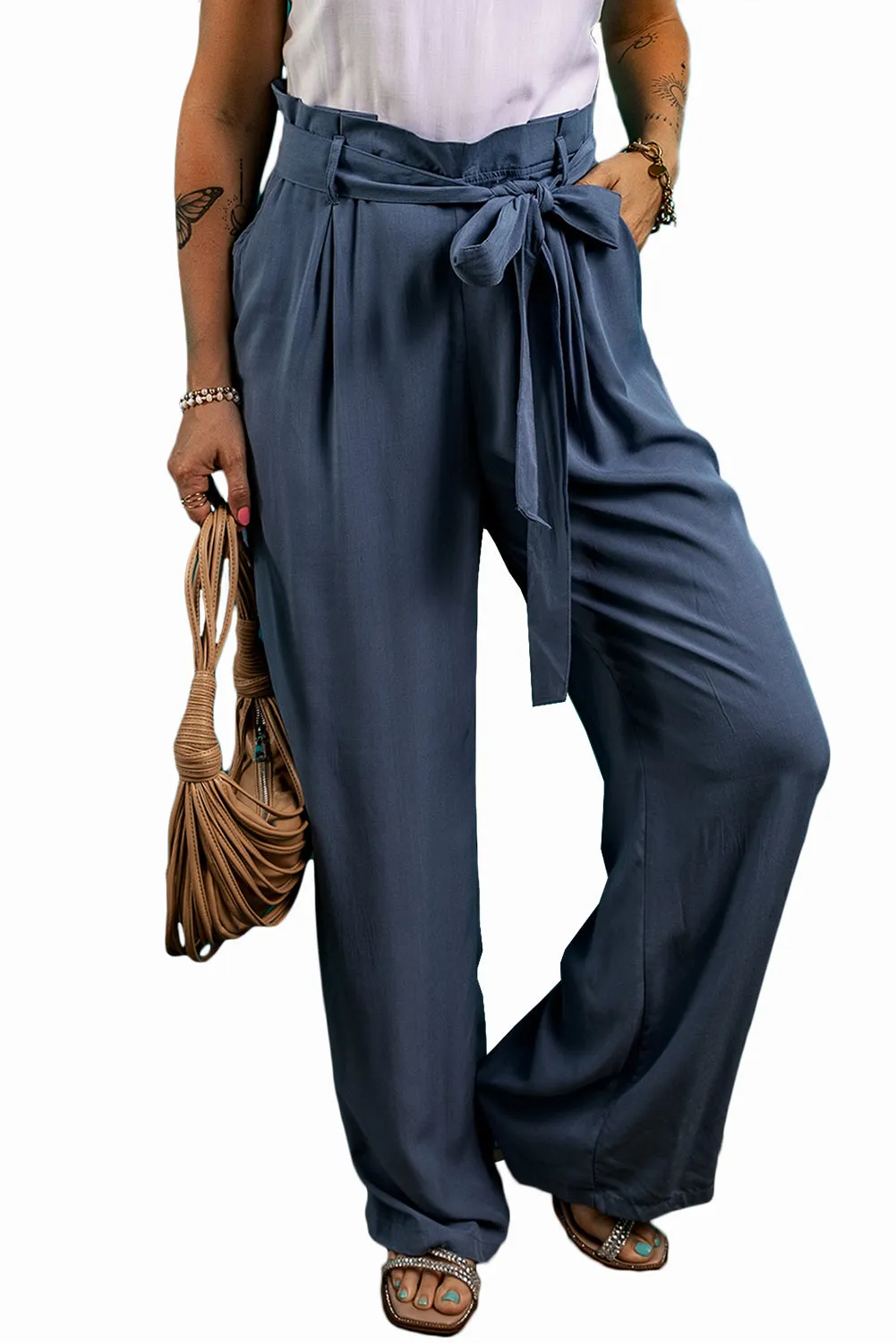 Wild Wind Belted Frilly Waist Casual Pocketed Pants