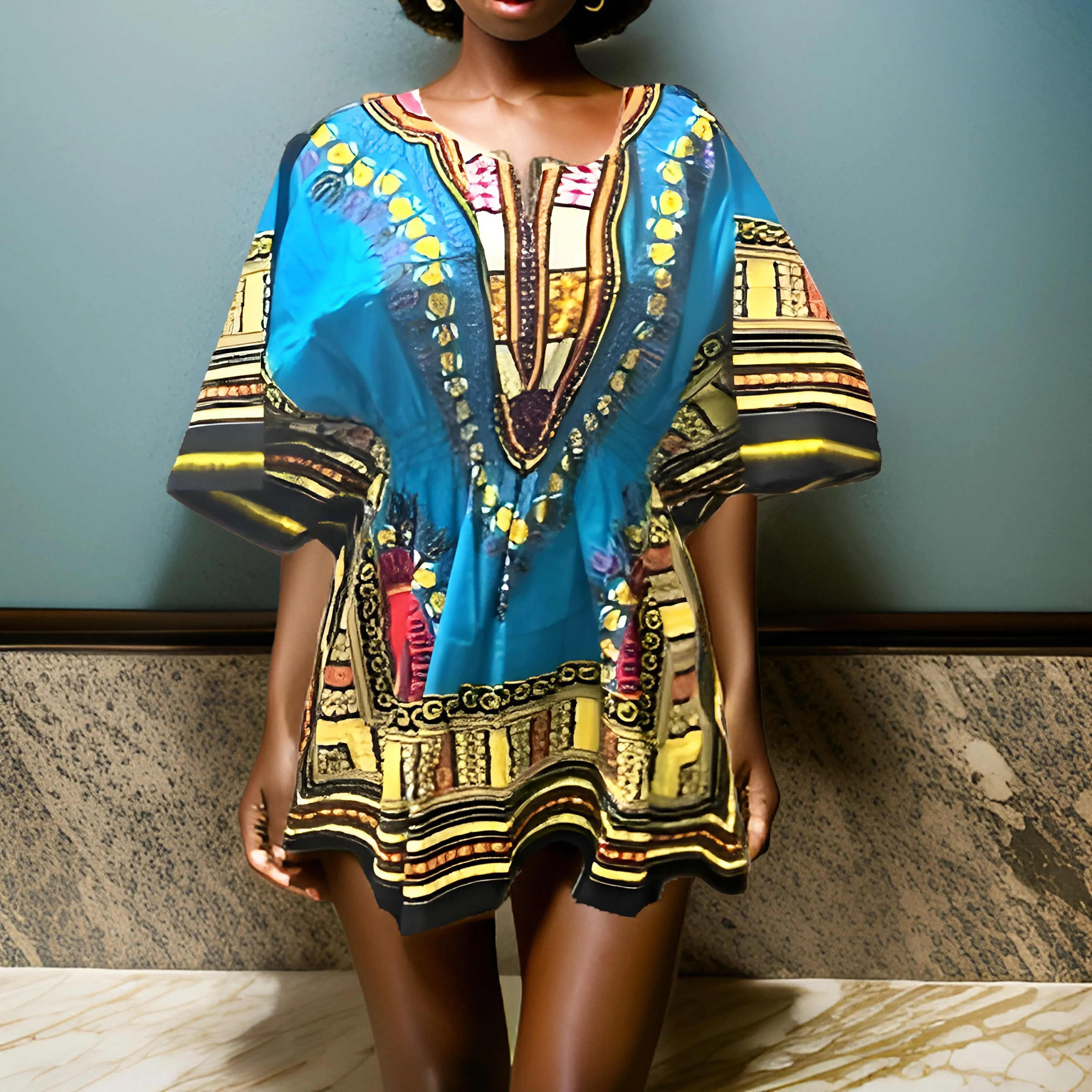 Women African Dashiki Shirt Dress w/ Elastic Waist Band (Free Size)