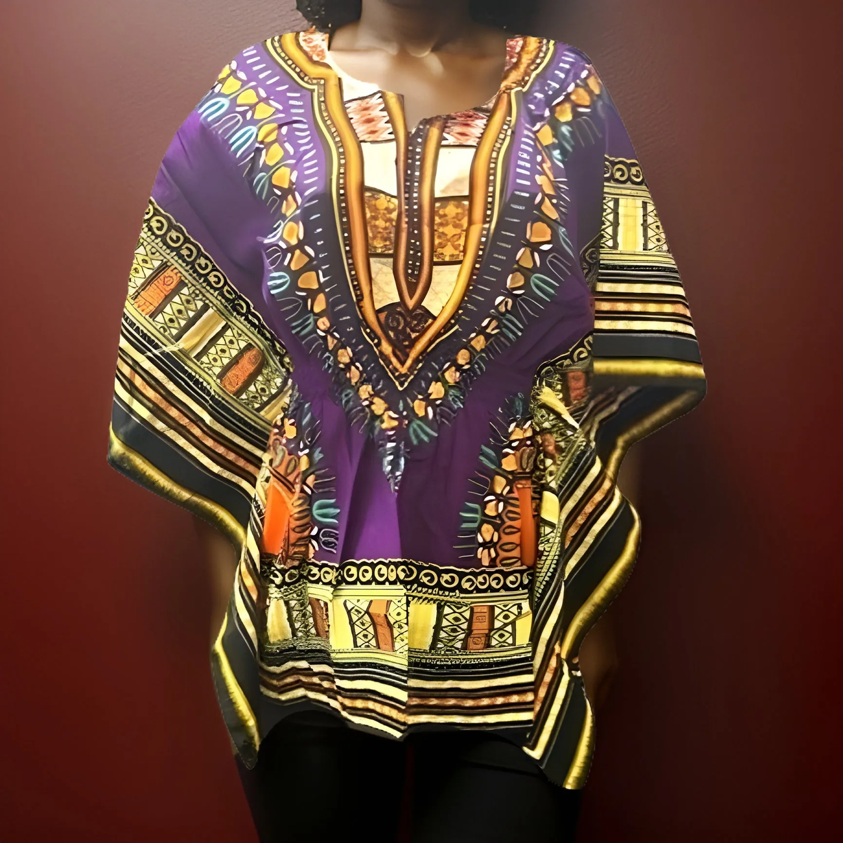 Women African Dashiki Shirt Dress w/ Elastic Waist Band (Free Size)