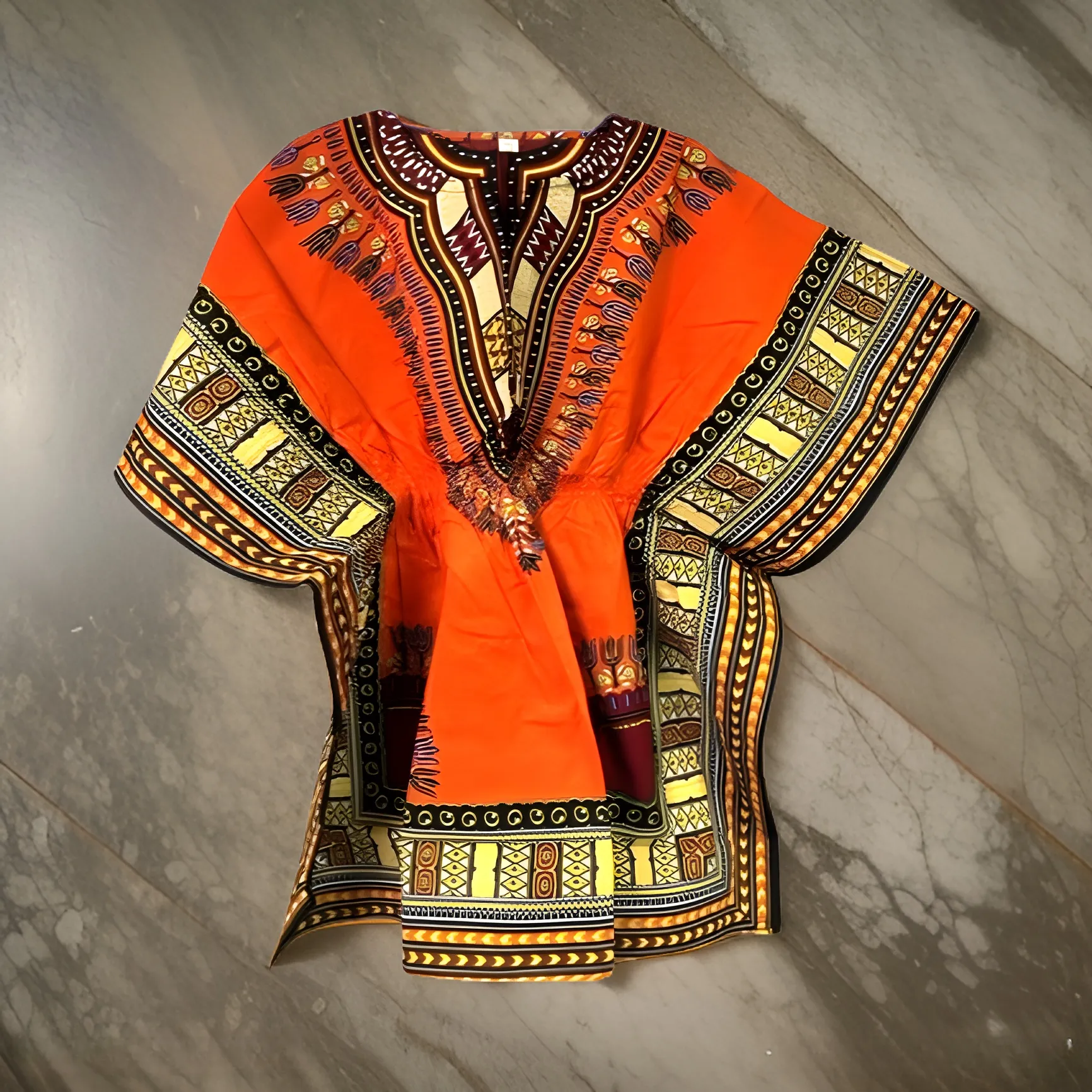 Women African Dashiki Shirt Dress w/ Elastic Waist Band (Free Size)