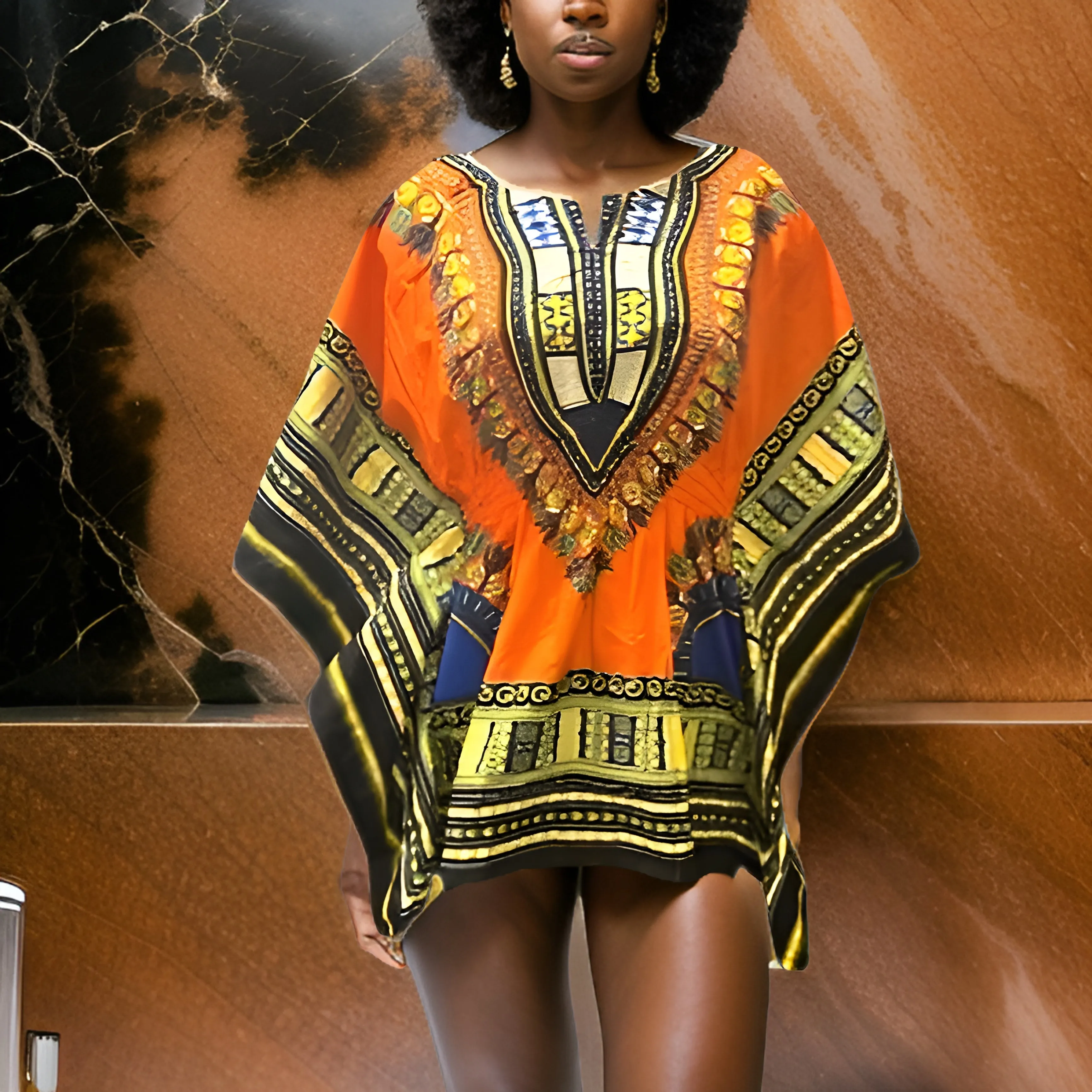 Women African Dashiki Shirt Dress w/ Elastic Waist Band (Free Size)