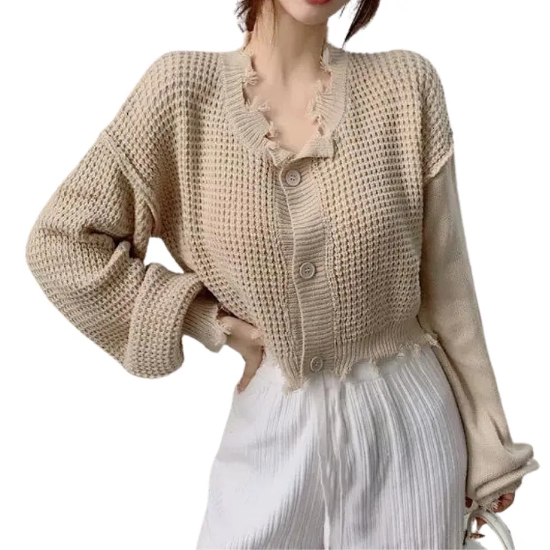 Women Ripped Cropped Knit Cardigan