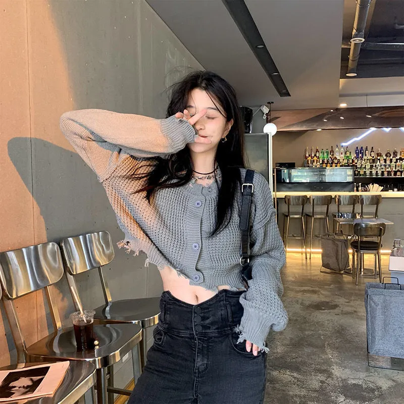 Women Ripped Cropped Knit Cardigan