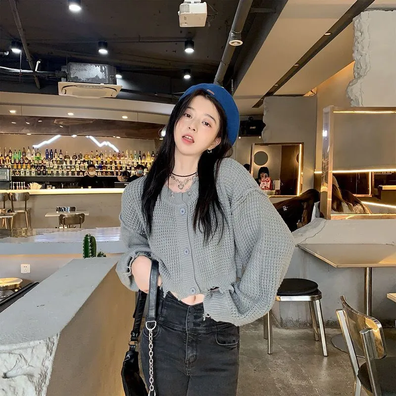 Women Ripped Cropped Knit Cardigan