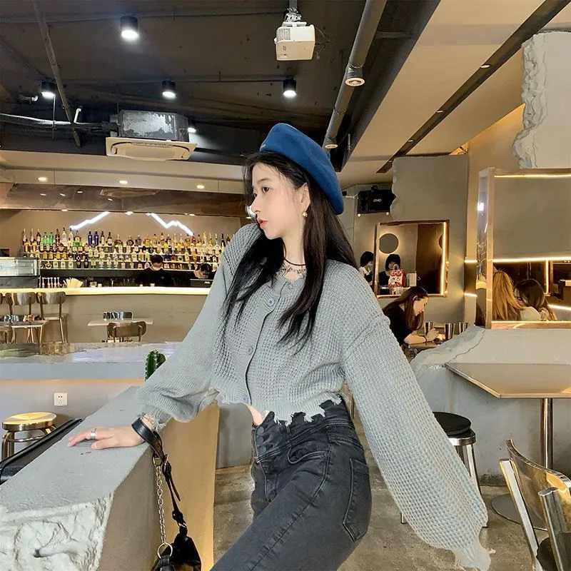 Women Ripped Cropped Knit Cardigan