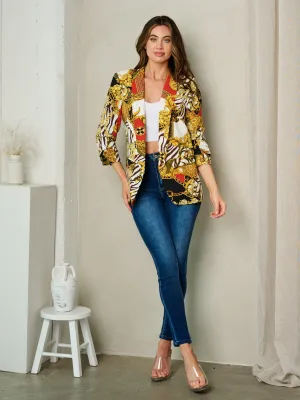 WOMEN'S 3/4 SLEEVE OPEN FRONT MULTI PRINT BLAZER