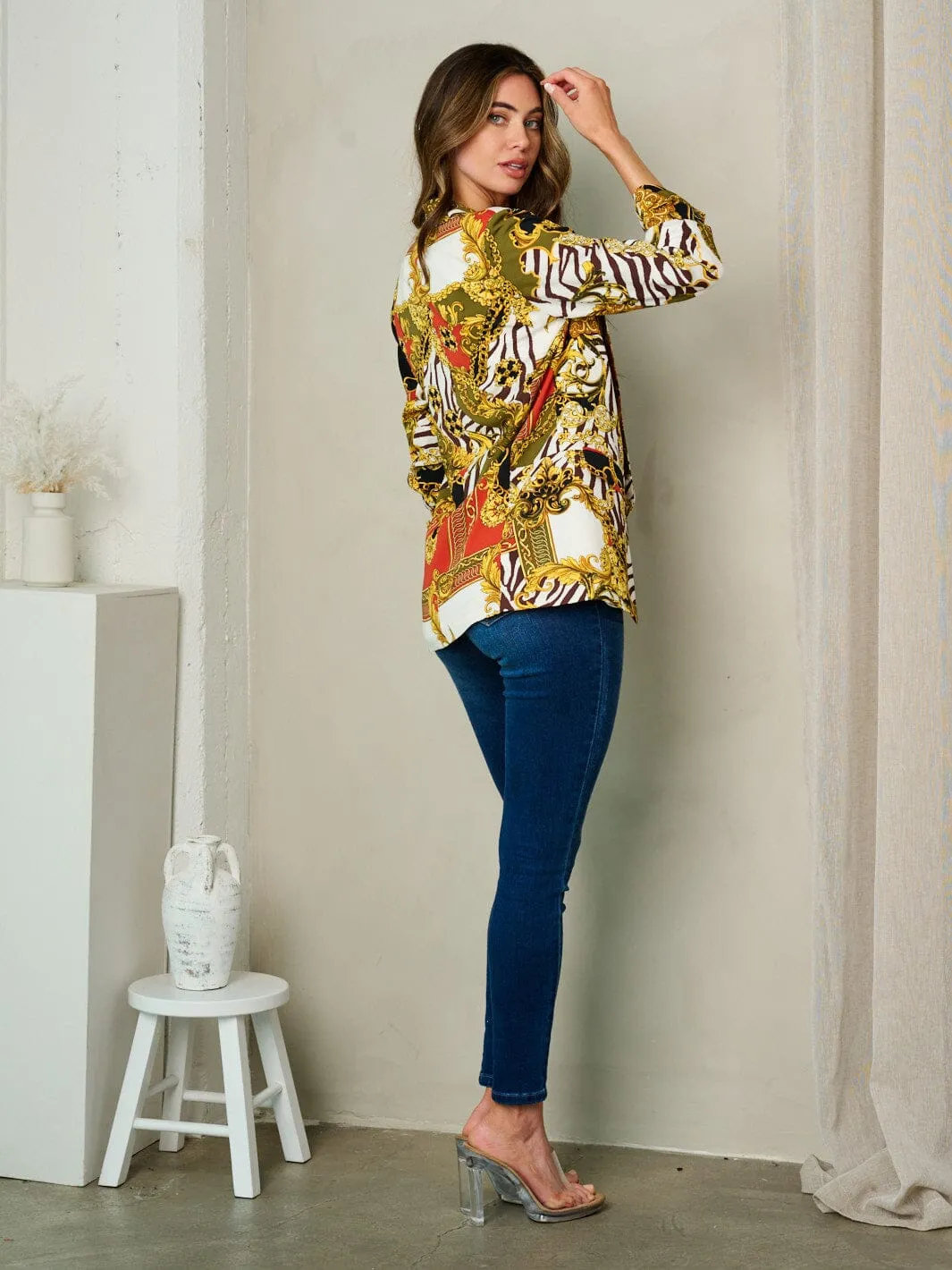 WOMEN'S 3/4 SLEEVE OPEN FRONT MULTI PRINT BLAZER