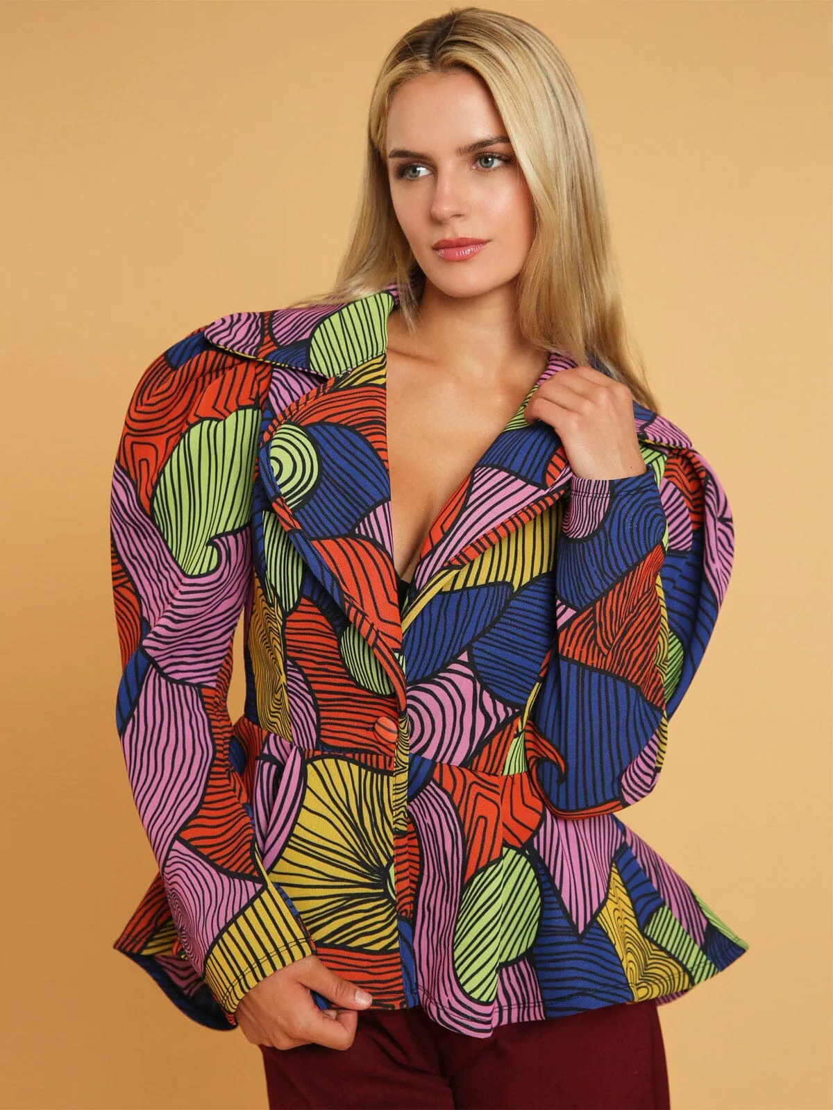 WOMEN'S LONG PUFF SLEEVE BUTTON CLOSURE MULTI PRINT BLAZER