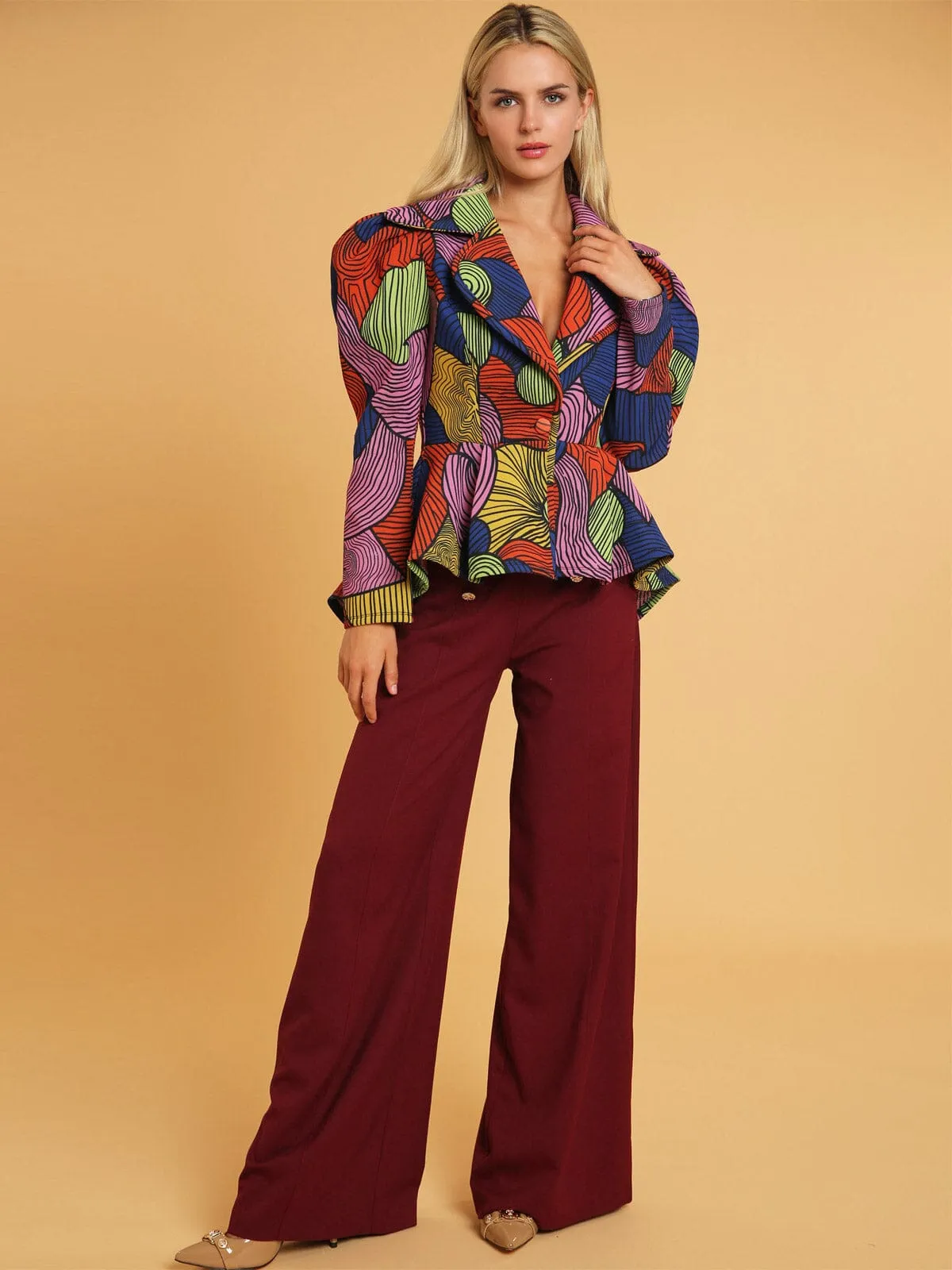 WOMEN'S LONG PUFF SLEEVE BUTTON CLOSURE MULTI PRINT BLAZER