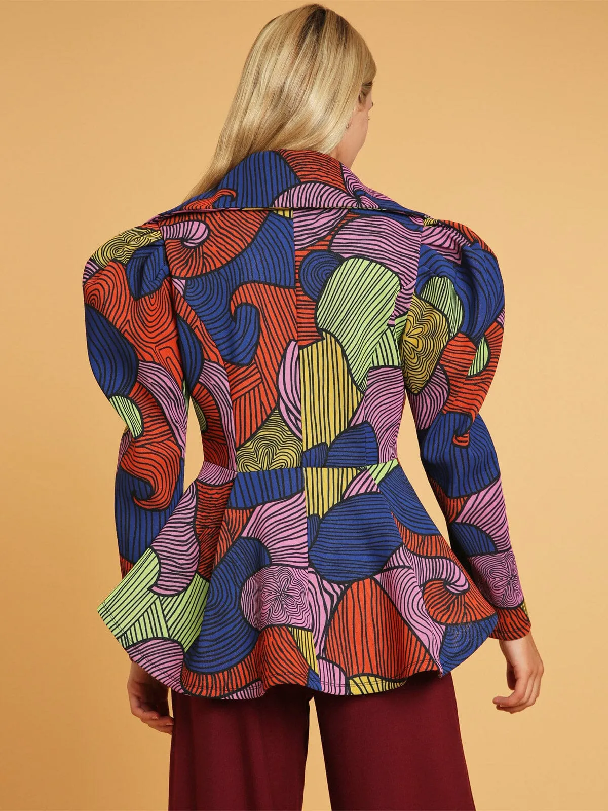 WOMEN'S LONG PUFF SLEEVE BUTTON CLOSURE MULTI PRINT BLAZER