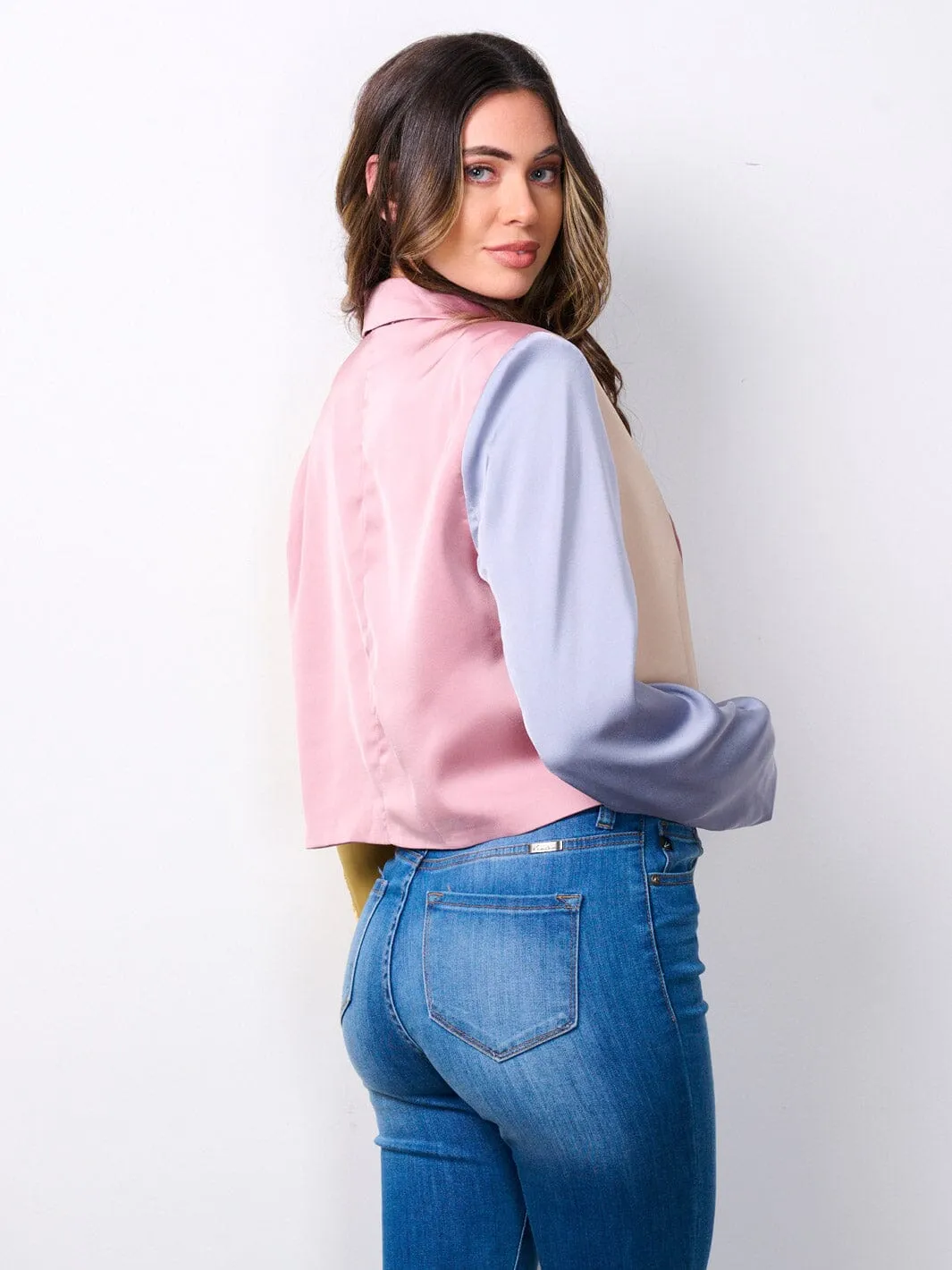 WOMEN'S LONG SLEEVE BUTTON CLOSURE COLORBLOCK BLAZER