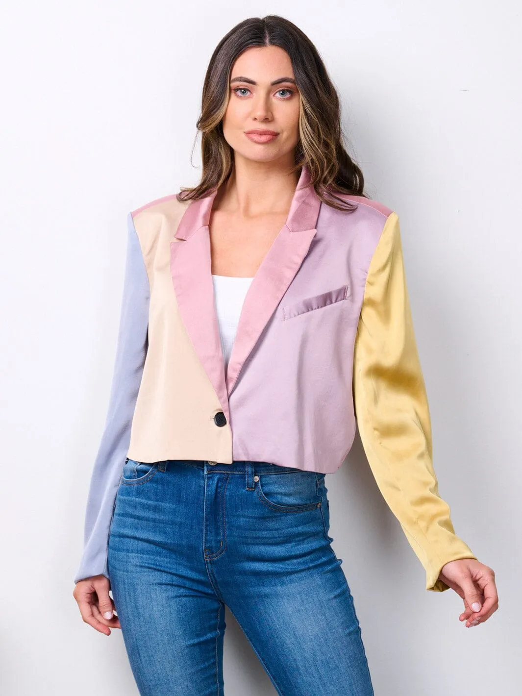 WOMEN'S LONG SLEEVE BUTTON CLOSURE COLORBLOCK BLAZER