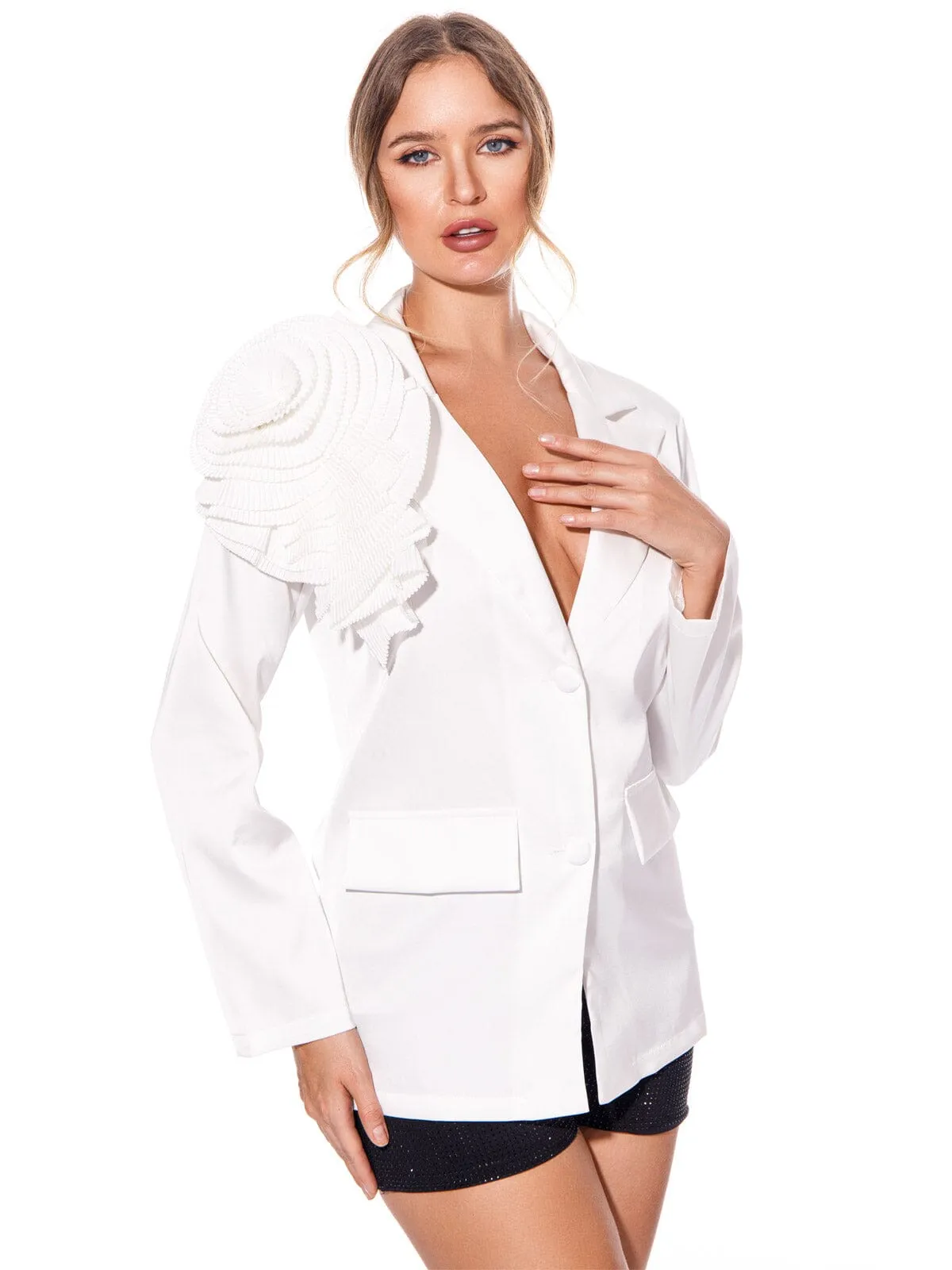WOMEN'S LONG SLEEVE BUTTON CLOSURE FRONT DETAILED SATIN BLAZER