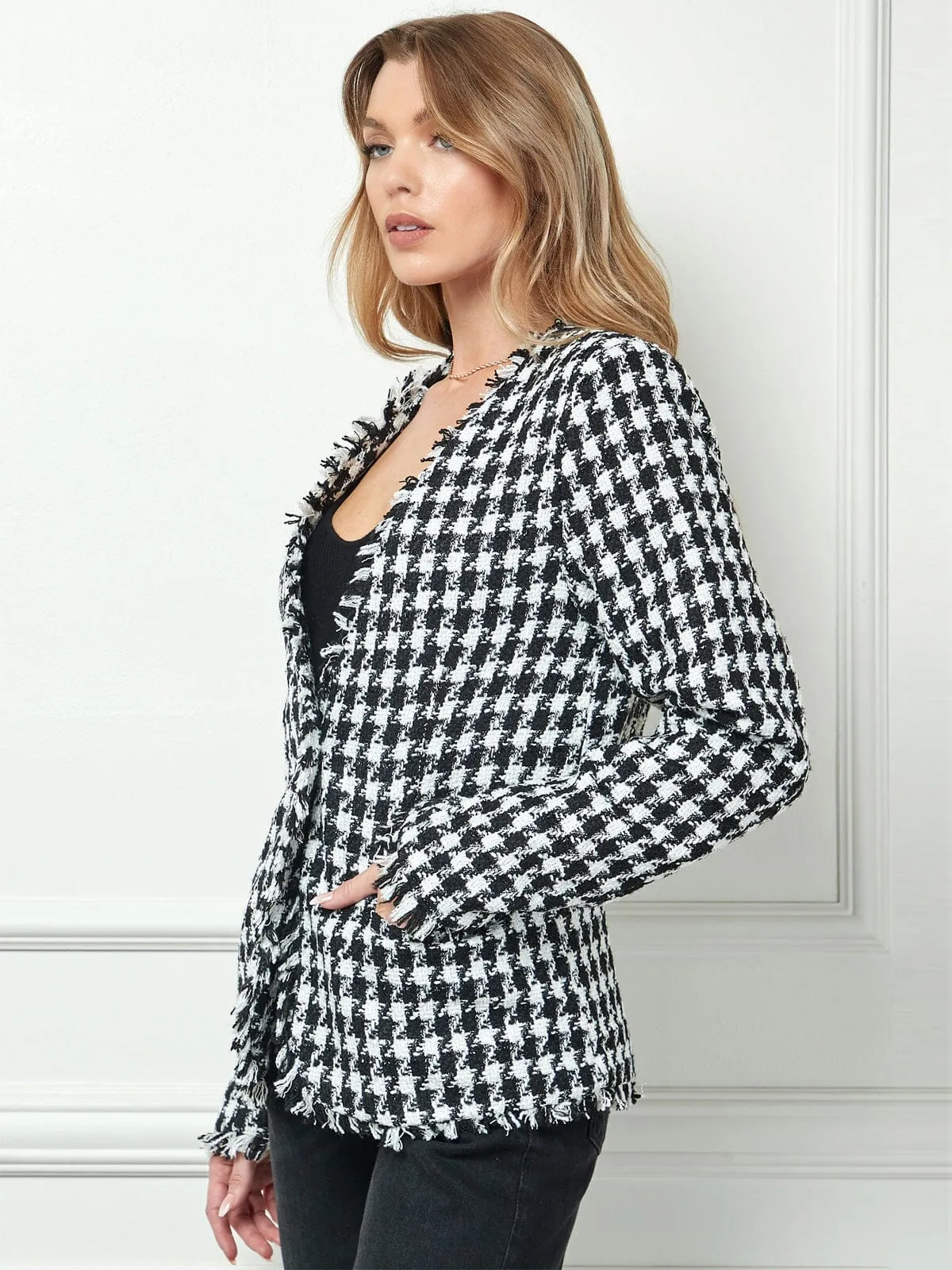 WOMEN'S LONG SLEEVE BUTTON CLOSURE POCKETS PLAID BLAZER
