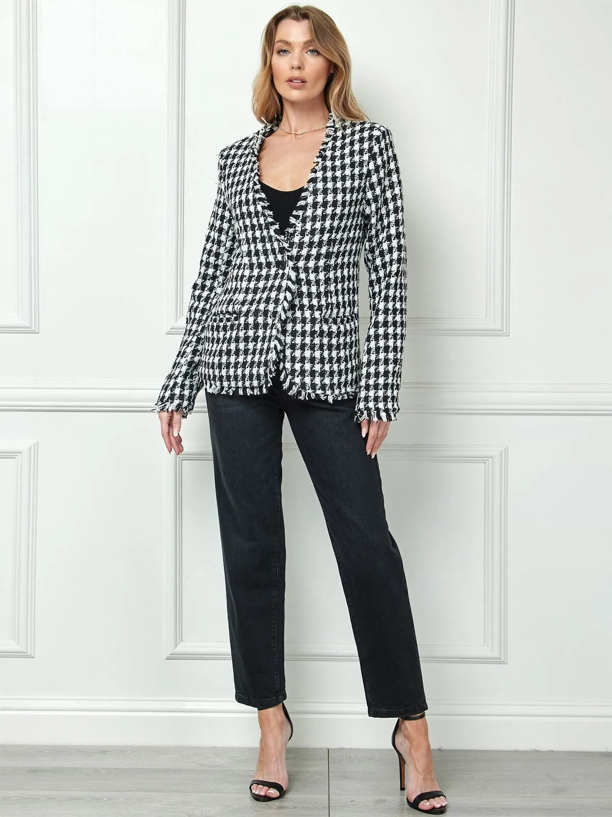 WOMEN'S LONG SLEEVE BUTTON CLOSURE POCKETS PLAID BLAZER