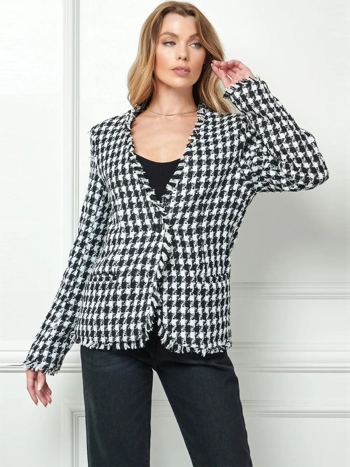 WOMEN'S LONG SLEEVE BUTTON CLOSURE POCKETS PLAID BLAZER