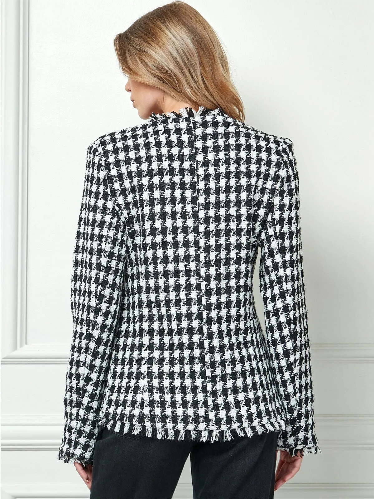 WOMEN'S LONG SLEEVE BUTTON CLOSURE POCKETS PLAID BLAZER