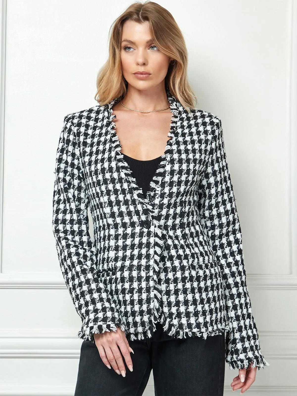 WOMEN'S LONG SLEEVE BUTTON CLOSURE POCKETS PLAID BLAZER