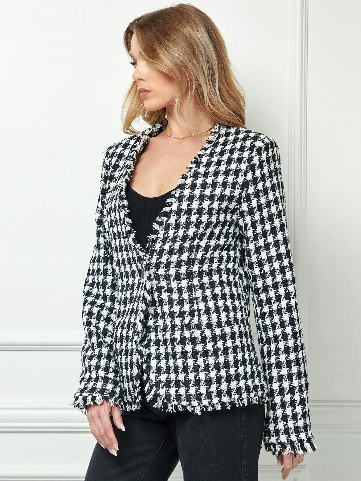 WOMEN'S LONG SLEEVE BUTTON CLOSURE POCKETS PLAID BLAZER