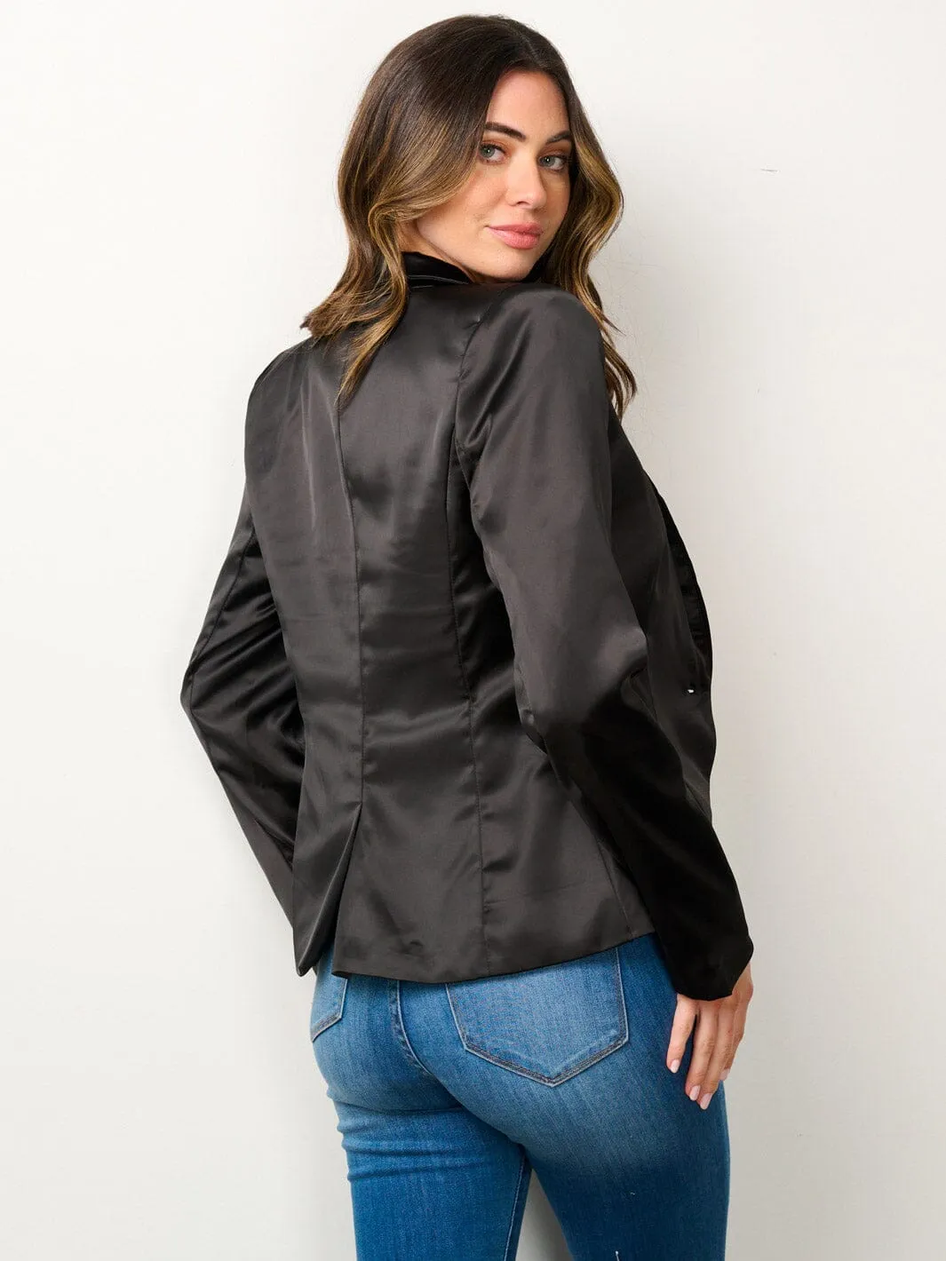 WOMEN'S LONG SLEEVE BUTTON CLOSURE SATIN BLAZER