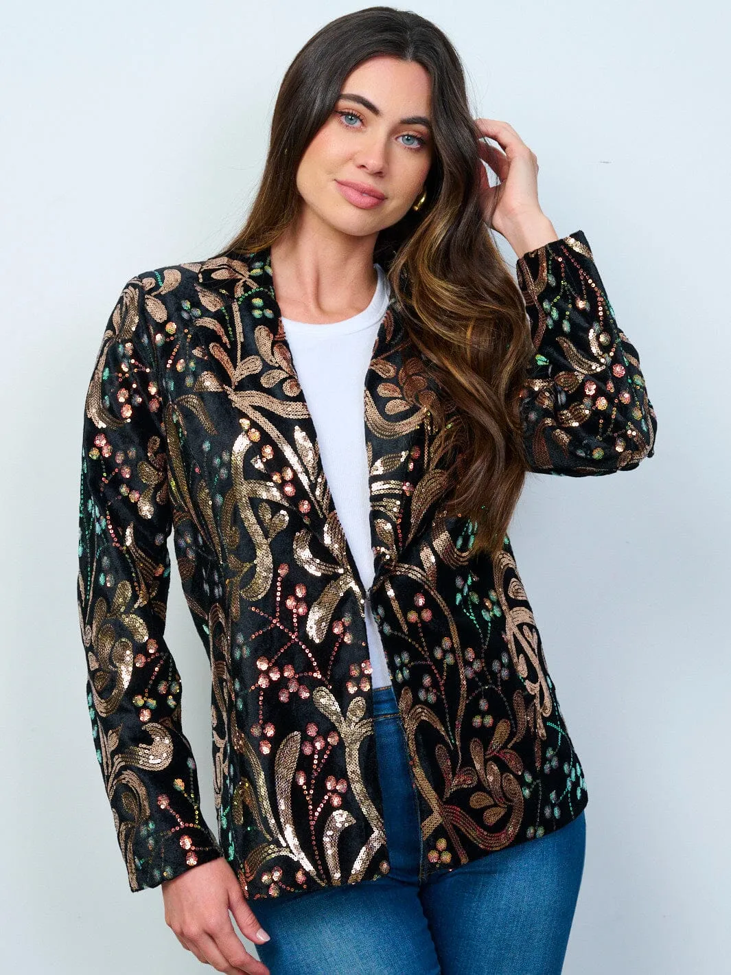 WOMEN'S LONG SLEEVE BUTTON CLOSURE SEQUINS PRINT BLAZER