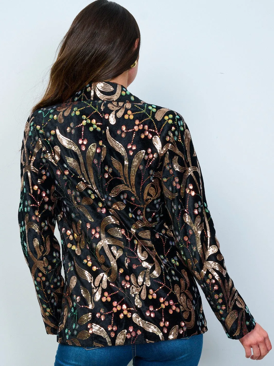 WOMEN'S LONG SLEEVE BUTTON CLOSURE SEQUINS PRINT BLAZER