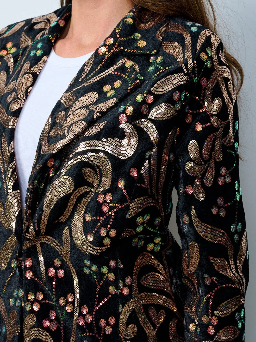 WOMEN'S LONG SLEEVE BUTTON CLOSURE SEQUINS PRINT BLAZER