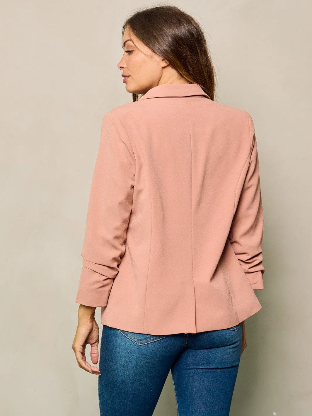 WOMEN'S RUCHED LONG SLEEVES OPEN FRONT BLAZER