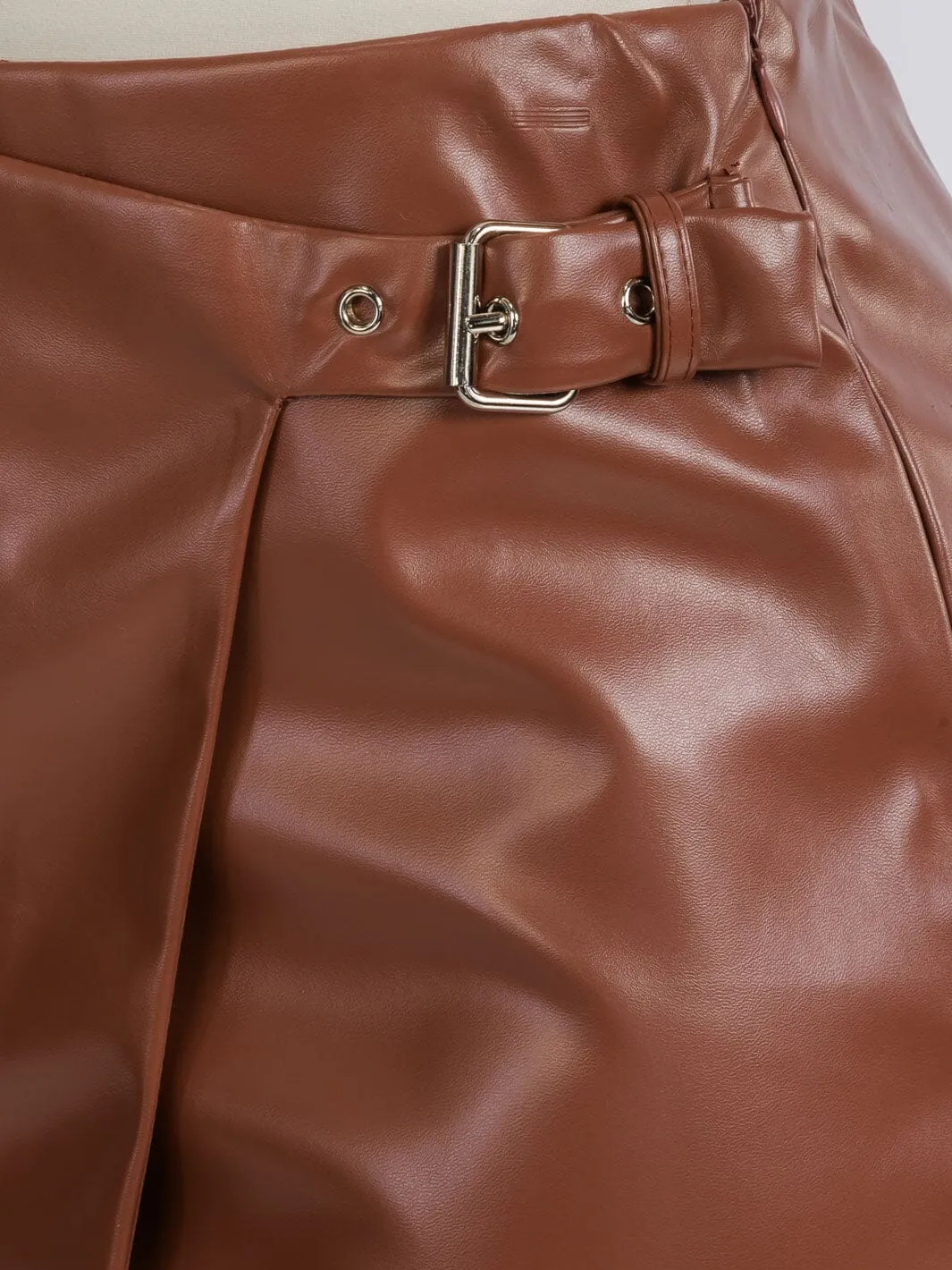WOMEN'S ZIP UP SURPLICE PU PLEATHER MINI SKORT
